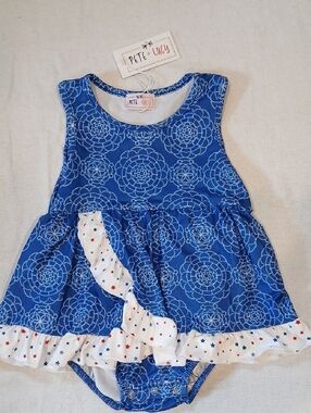 Pete And Lucy White and Blue Floral-Trim Baby Romper